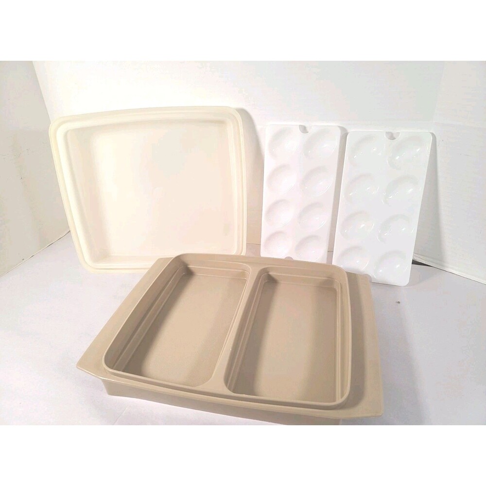 Tupperware Vintage 723-1 Deviled Egg Tray Keeper 4 Pc Almond